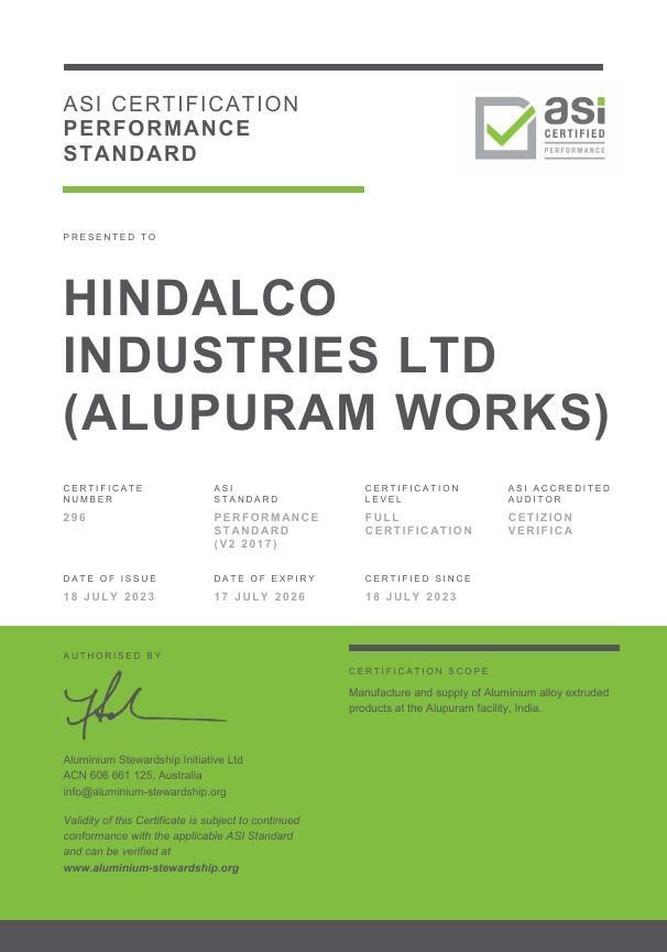 Hindalco Alupram工厂的可持续挤压铝合金生产获得ASI认证