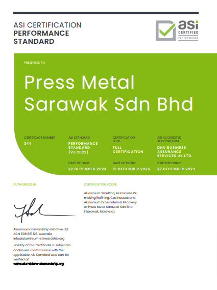 Press Metal Sarawak获得ASI绩效标准V3（2022）认证