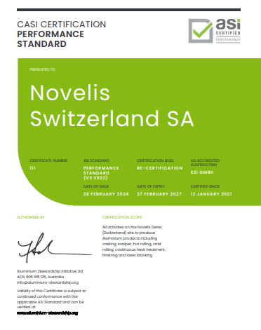 Novelis Sierre获得ASI绩效标准V3认证
